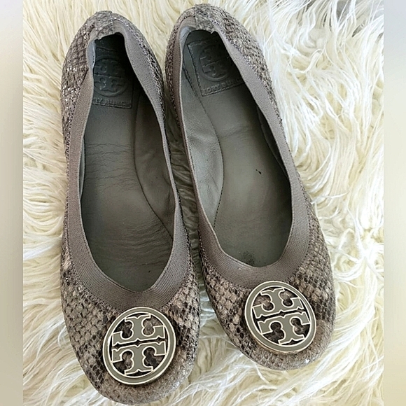 Tory Burch Green/Grey Embossed Snakeskin Leather Caroline Ballet Flats.Size 9M🌴 - Picture 3 of 11
